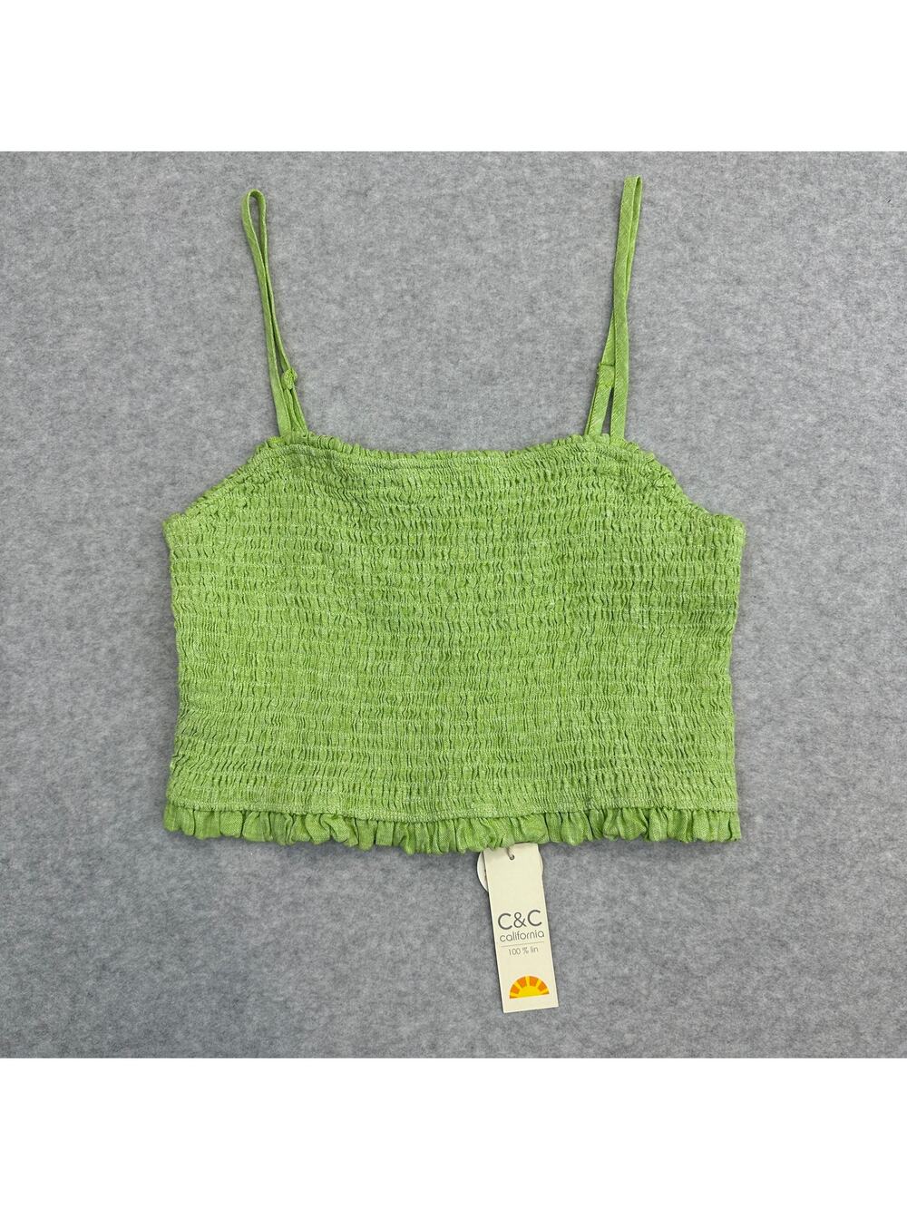 C&C California Smocked Crop Top Womens M Green Square Neck 100% Linen Slim Fit